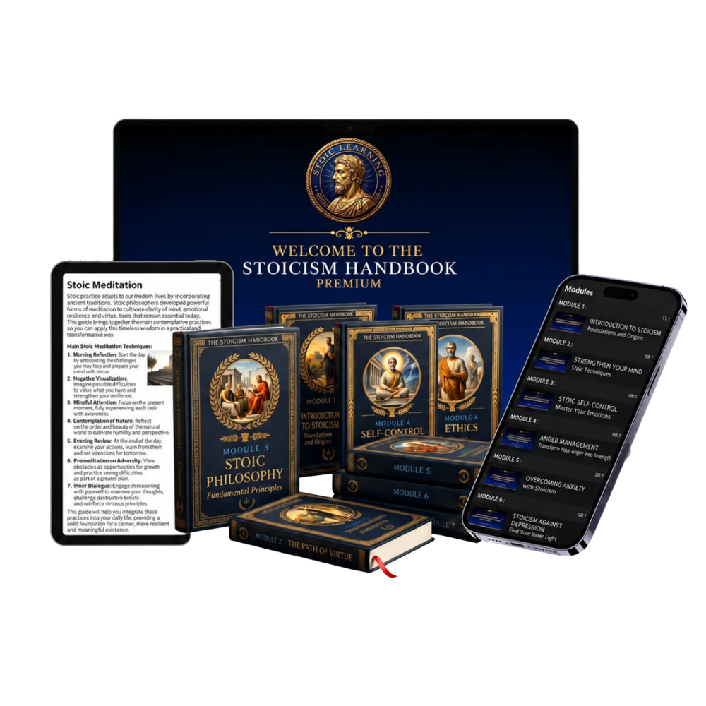 The Stoicism Manual displayed as digital books on a computer, tablet, and phone